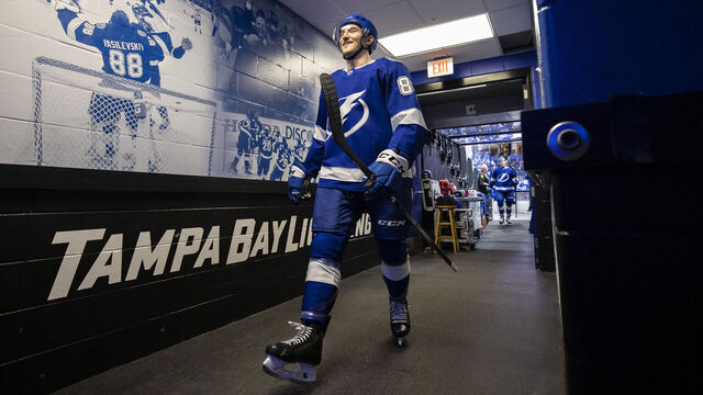 TAMPA, FL - MARCH 12: Tanner Jeannot #84f the Tampa Bay Lightning before the game against the Winnipeg Jets at Amalie Arena on March 12, 2023 in Tampa, Florida.