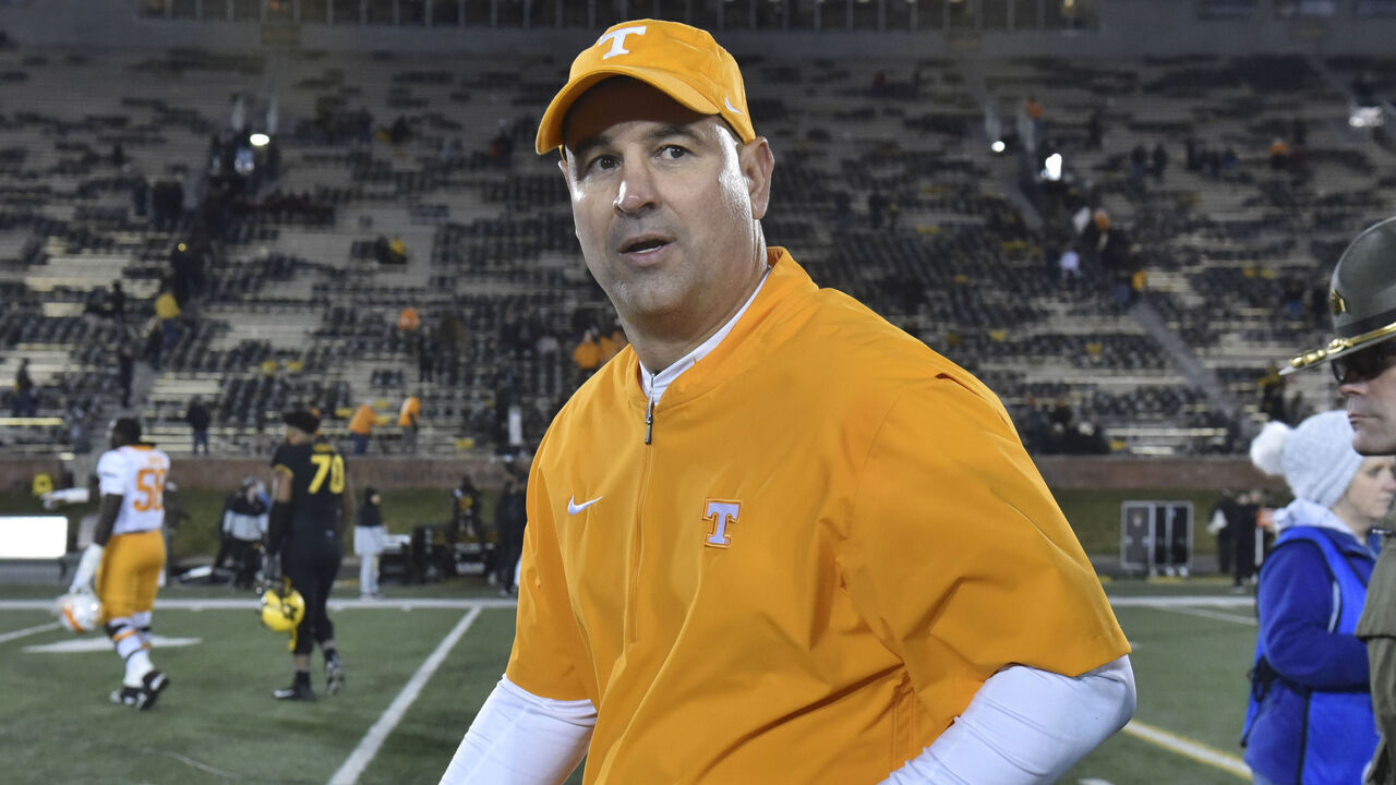 COLUMBIA, MO - NOVEMBER 23: Head coach Jeremy Pruitt of the Tennessee Volunteers runs off the field after their win against the Missouri Tigers at Memorial Stadium on November 23, 2019 in Columbia, Missouri.