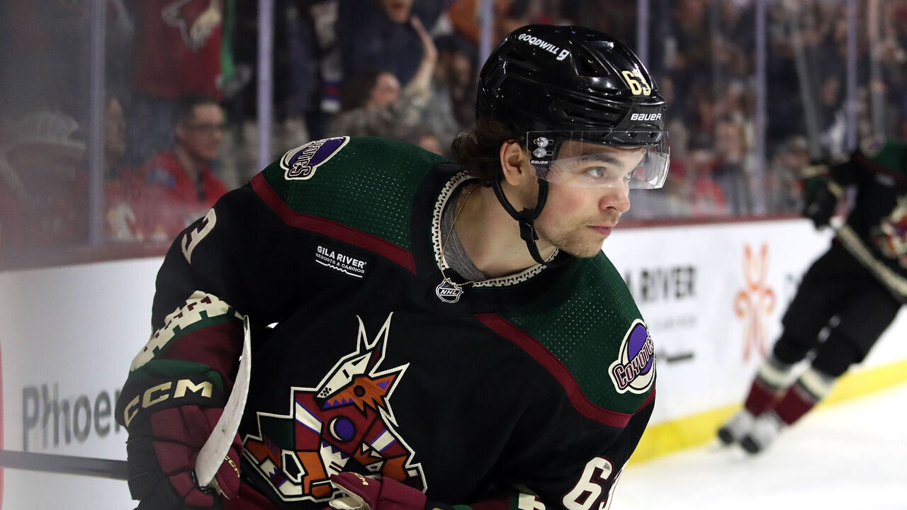 TEMPE, ARIZONA - FEBRUARY 22: Matias Maccelli #63 of the Arizona Coyotes celebrates after scoring a goal in the second period at Mullett Arena on February 22, 2023 in Tempe, Arizona.