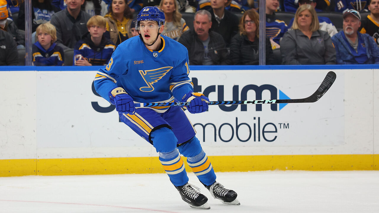 ST LOUIS, MO - FEBRUARY 25: Alexey Toropchenko #13 of the St. Louis Blues skates against the Pittsburgh Penguins at Enterprise Center on February 25, 2023 in St Louis, Missouri.