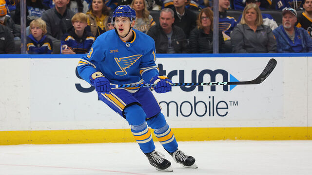 ST LOUIS, MO - FEBRUARY 25: Alexey Toropchenko #13 of the St. Louis Blues skates against the Pittsburgh Penguins at Enterprise Center on February 25, 2023 in St Louis, Missouri.