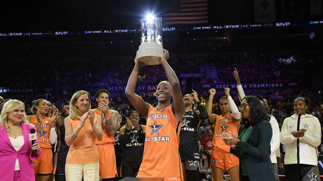 LAS VEGAS, NV - JULY 15: WNBA Commissioner Cathy Engelbert presents Jewell Loyd #24 of Team Stewart with the MVP trophy after the 2023 WNBA All-Star Game on July 15, 2023 at Michelob ULTRA Arena in Las Vegas, Nevada. Mandatory Copyright Notice: Copyright 2023 NBAE