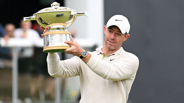 NORTH BERWICK, SCOTLAND - JULY 16: Rory McIlroy of Northern Ireland celebrates with the Genesis Scottish Open trophy on the 18th green after winning the tournament during Day Four of the Genesis Scottish Open at The Renaissance Club on July 16, 2023 in United Kingdom.