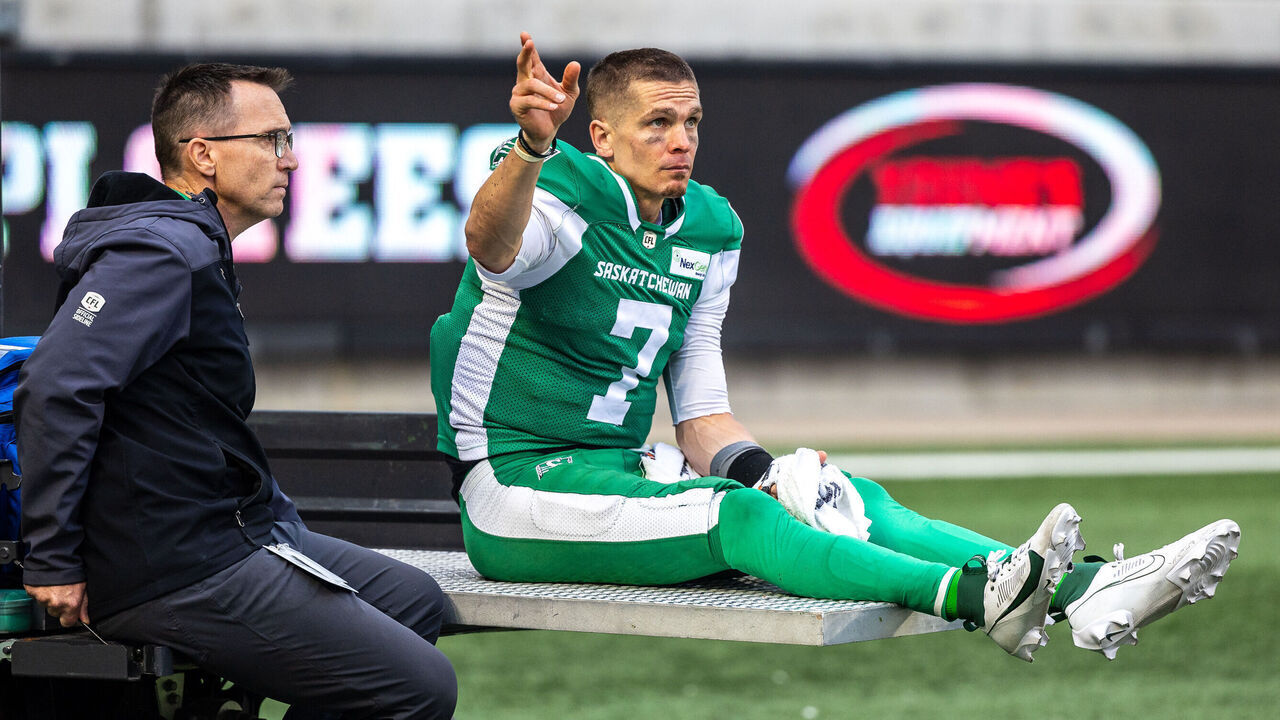 REGINA, CANADA - JULY 15: Trevor Harris #7 of the Saskatchewan Roughriders waves to the fans as he leaves the field after being injured in the game between the Calgary Stampeders and Saskatchewan Roughriders at Mosaic Stadium on July 15, 2023 in Regina, Canada.