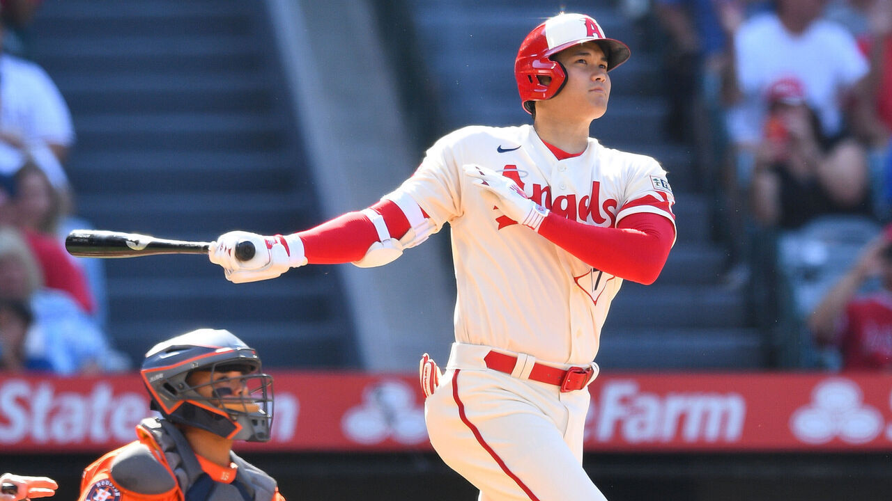 ANAHEIM, CA - JULY 16: Los Angeles Angels designated hitter Shohei Ohtani (17) swings at a pitch during the MLB game between the Houston Astros and the Los Angeles Angels of Anaheim on July 16, 2023 at Angel Stadium of Anaheim in Anaheim, CA.