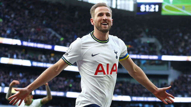 LONDON, ENGLAND - FEBRUARY 26: Harry Kane of Tottenham Hotspur celebrates scoring their teams second goal during the Premier League match between Tottenham Hotspur and Chelsea FC at Tottenham Hotspur Stadium on February 26, 2023 in London, England.