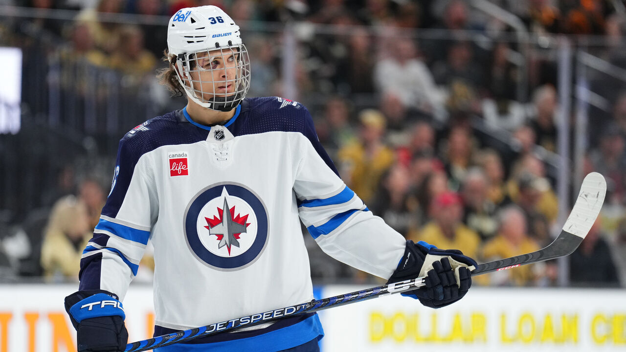 LAS VEGAS, NEVADA - APRIL 20: Morgan Barron #36 of the Winnipeg Jets skates during the third period against the Vegas Golden Knights in Game Two of the First Round of the 2023 Stanley Cup Playoffs at T-Mobile Arena on April 20, 2023 in Las Vegas, Nevada.