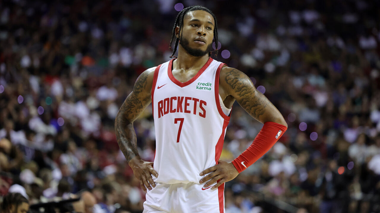 LAS VEGAS, NEVADA - JULY 09: Cam Whitmore #7 of the Houston Rockets stands on the court during a break in the first half of a 2023 NBA Summer League game against the Detroit Pistons at the Thomas & Mack Center on July 09, 2023 in Las Vegas, Nevada.
