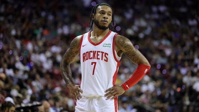 LAS VEGAS, NEVADA - JULY 09: Cam Whitmore #7 of the Houston Rockets stands on the court during a break in the first half of a 2023 NBA Summer League game against the Detroit Pistons at the Thomas & Mack Center on July 09, 2023 in Las Vegas, Nevada.