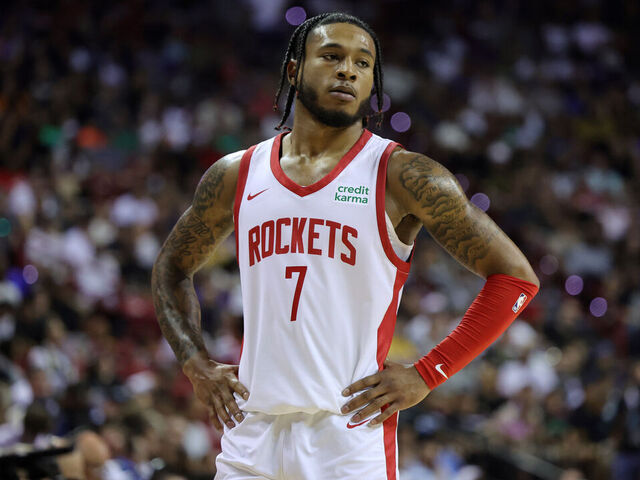 LAS VEGAS, NEVADA - JULY 09: Cam Whitmore #7 of the Houston Rockets stands on the court during a break in the first half of a 2023 NBA Summer League game against the Detroit Pistons at the Thomas & Mack Center on July 09, 2023 in Las Vegas, Nevada.