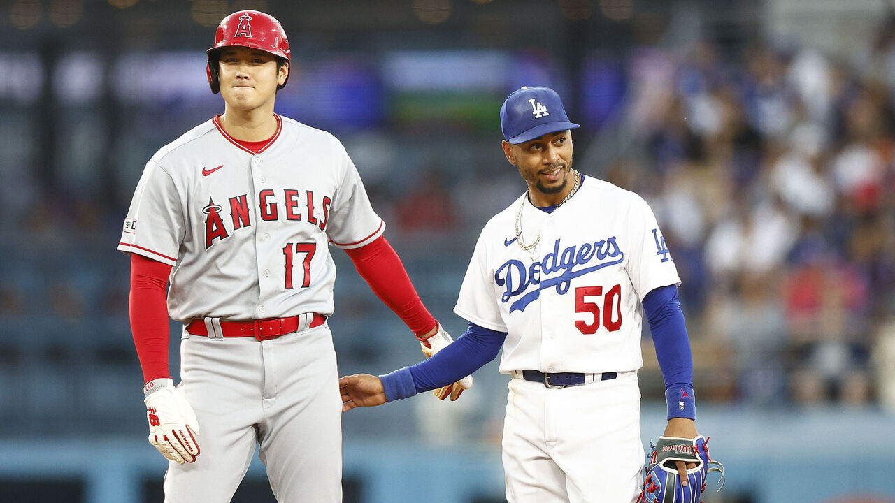 LOS ANGELES, CALIFORNIA - JULY 07: Mookie Betts #50 of the Los Angeles Dodgers and Shohei Ohtani #17 of the Los Angeles Angels in the fourth inning at Dodger Stadium on July 07, 2023 in Los Angeles, California.