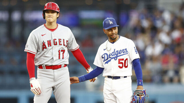 LOS ANGELES, CALIFORNIA - JULY 07: Mookie Betts #50 of the Los Angeles Dodgers and Shohei Ohtani #17 of the Los Angeles Angels in the fourth inning at Dodger Stadium on July 07, 2023 in Los Angeles, California.