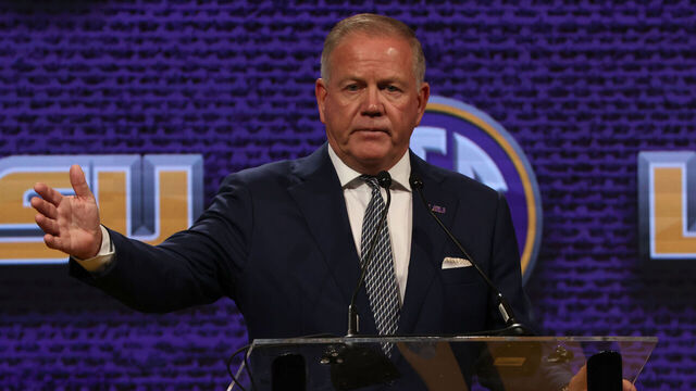 NASHVILLE, TN - JULY 17: Louisiana State Tigers head coach Brian Kelly gestures while answering a question during Southeastern Conference Football Kickoff Media Day, July 17, 2023 at the Grand Hyatt Nashville in Nashville, Tennessee.
