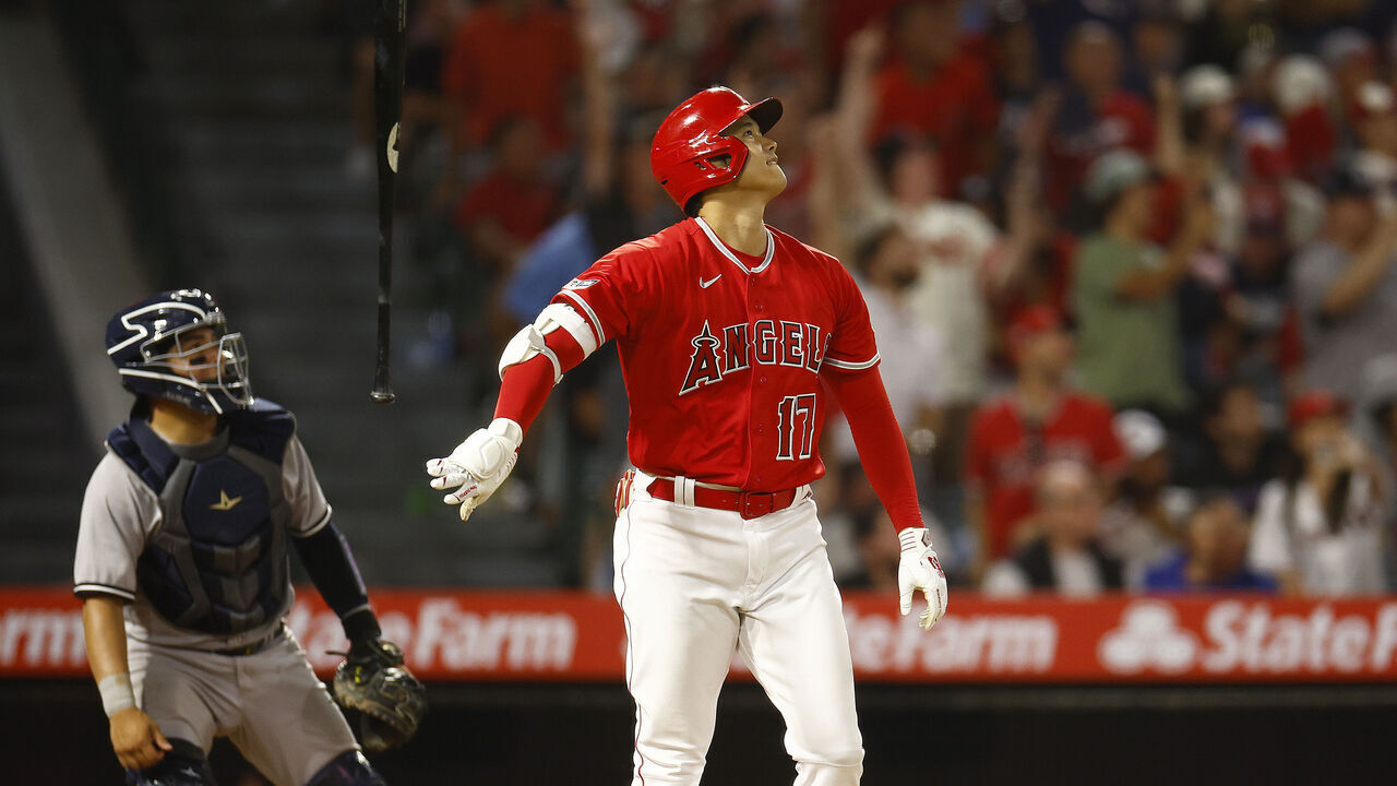 ANAHEIM, CALIFORNIA - JULY 17: Shohei Ohtani #17 of the Los Angeles Angels after hitting a two-run home run against the New York Yankees in the seventh inning at Angel Stadium of Anaheim on July 17, 2023 in Anaheim, California.