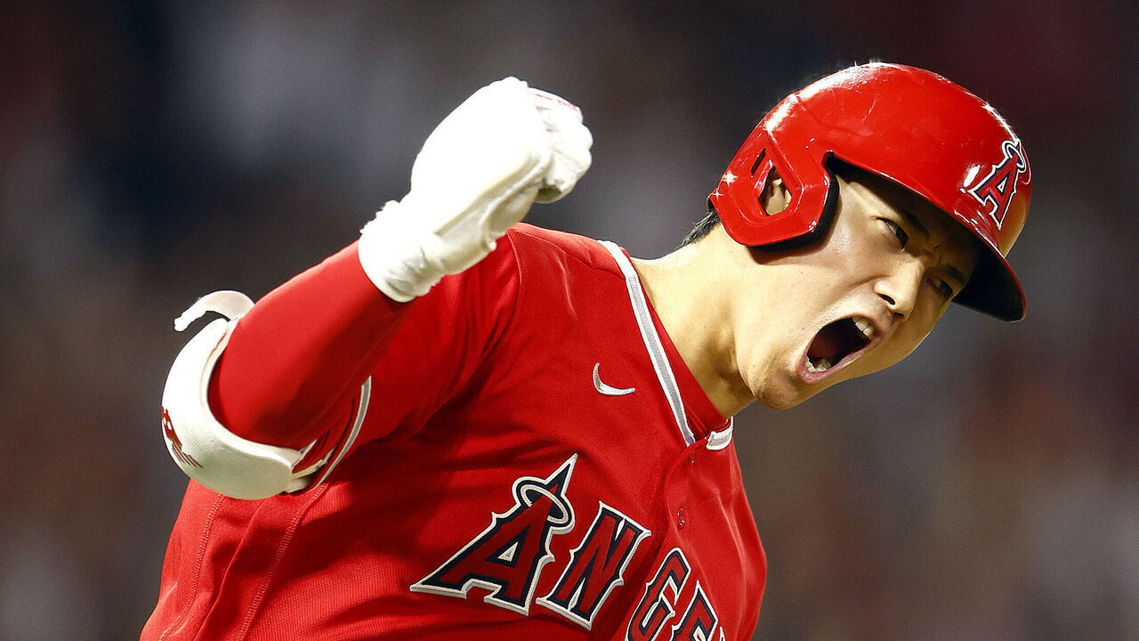ANAHEIM, CALIFORNIA - JULY 17: Shohei Ohtani #17 of the Los Angeles Angels reacts after hitting a two-run home run against the New York Yankees in the seventh inning at Angel Stadium of Anaheim on July 17, 2023 in Anaheim, California.