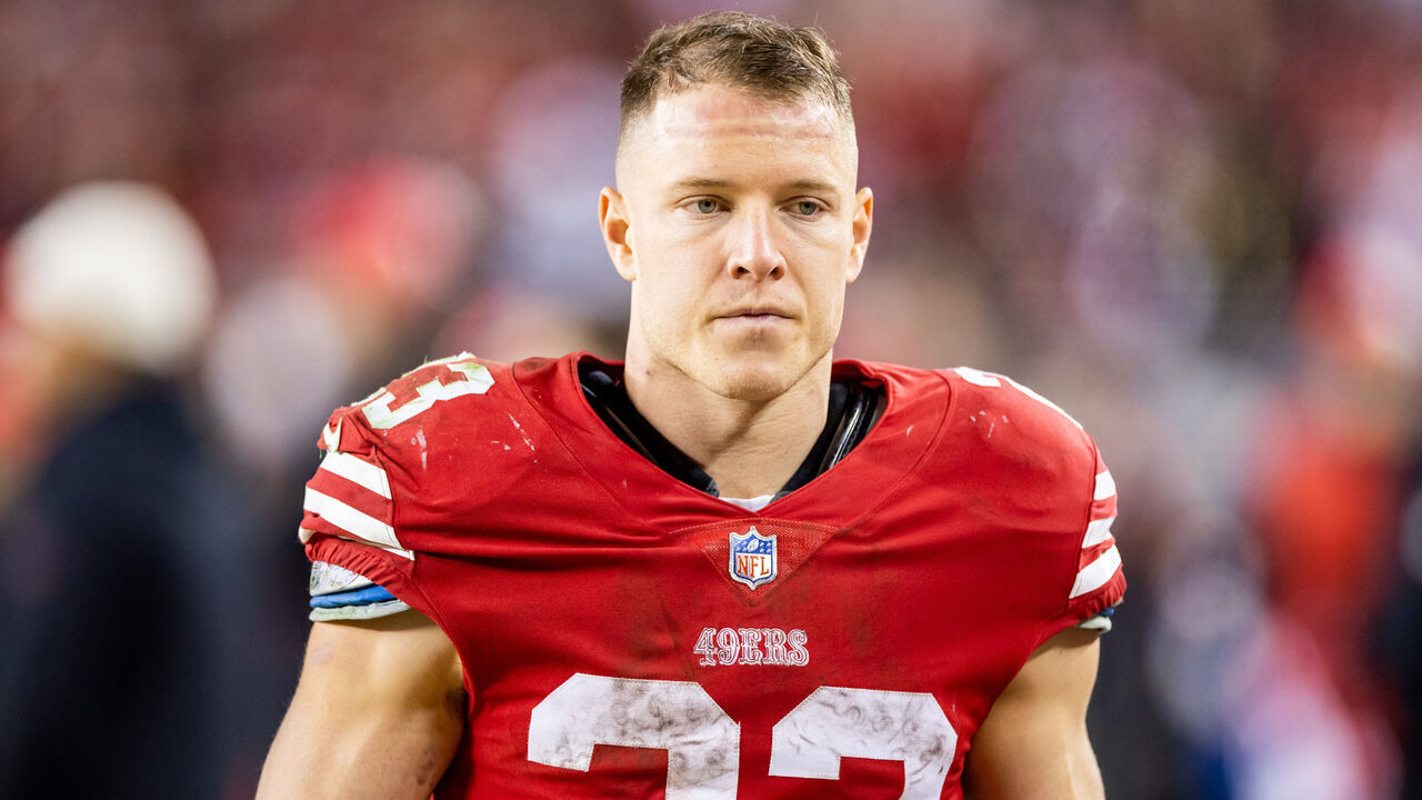 SANTA CLARA, CA - JANUARY 22: San Francisco 49ers running back Christian McCaffrey (23) paces the sidelines during the NFL NFC Divisional Playoff game between the Dallas Cowboys and San Francisco 49ers at Levis Stadium in Santa Clara, CA.