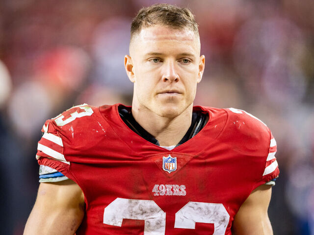 SANTA CLARA, CA - JANUARY 22: San Francisco 49ers running back Christian McCaffrey (23) paces the sidelines during the NFL NFC Divisional Playoff game between the Dallas Cowboys and San Francisco 49ers at Levis Stadium in Santa Clara, CA.