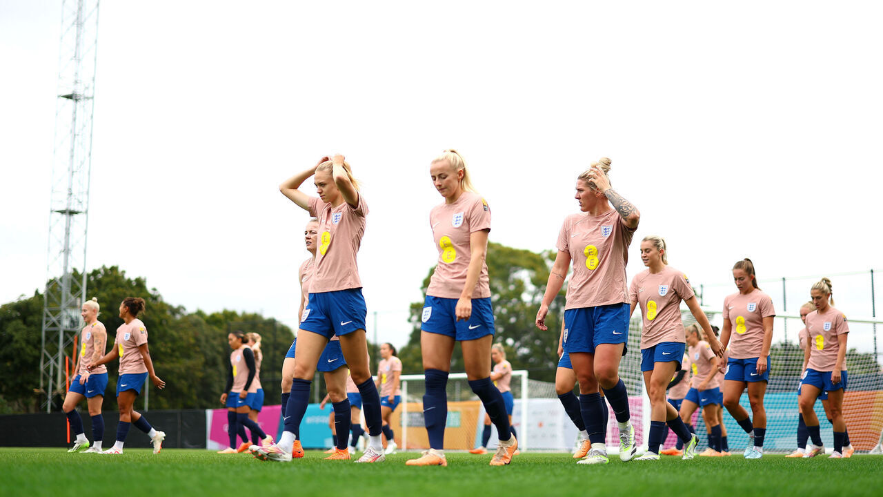 BRISBANE, AUSTRALIA - JULY 18: Esme Morgan, Chloe Kelly and Millie Bright of England look on during an England Training Session at Spencer Park on July 18, 2023 in Brisbane, Australia.