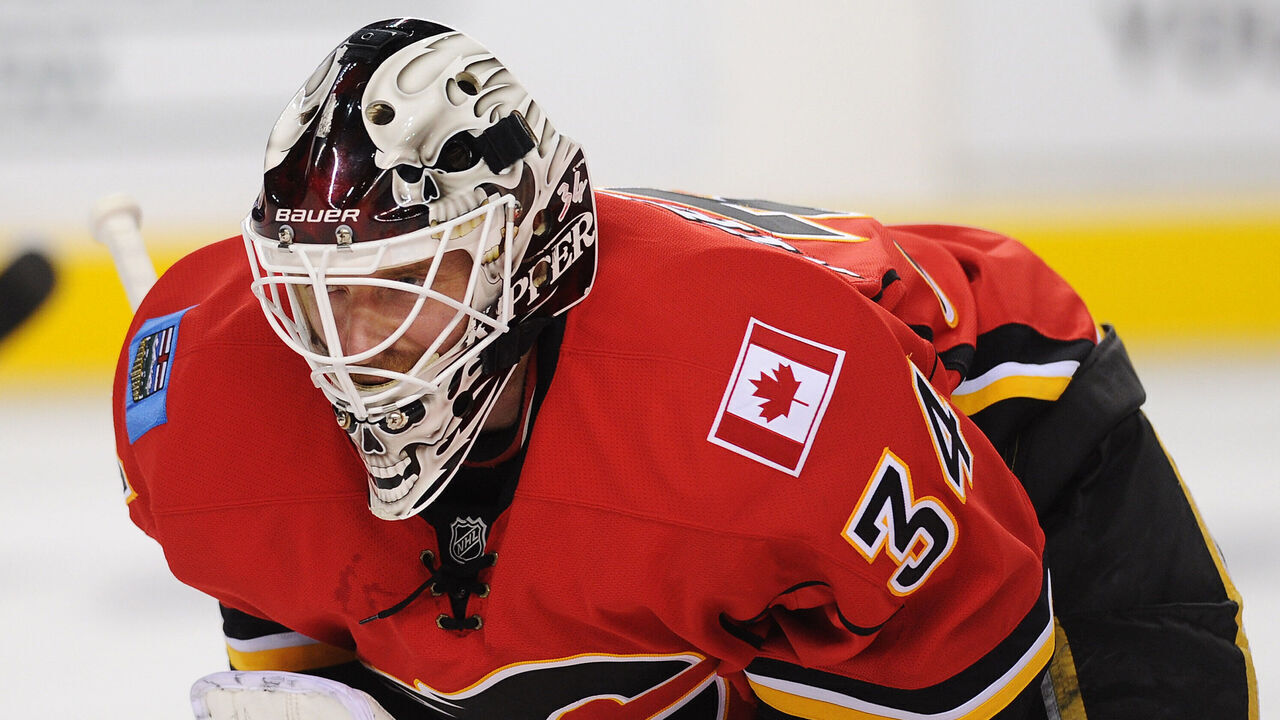 CALGARY, CANADA - APRIL 19: Miikka Kiprusoff #34 of the Calgary Flames warms-up before an NHL game against the Anaheim Ducks at Scotiabank Saddledome on April 19, 2013 in Calgary, Alberta, Canada.
