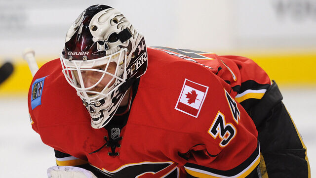 CALGARY, CANADA - APRIL 19: Miikka Kiprusoff #34 of the Calgary Flames warms-up before an NHL game against the Anaheim Ducks at Scotiabank Saddledome on April 19, 2013 in Calgary, Alberta, Canada.