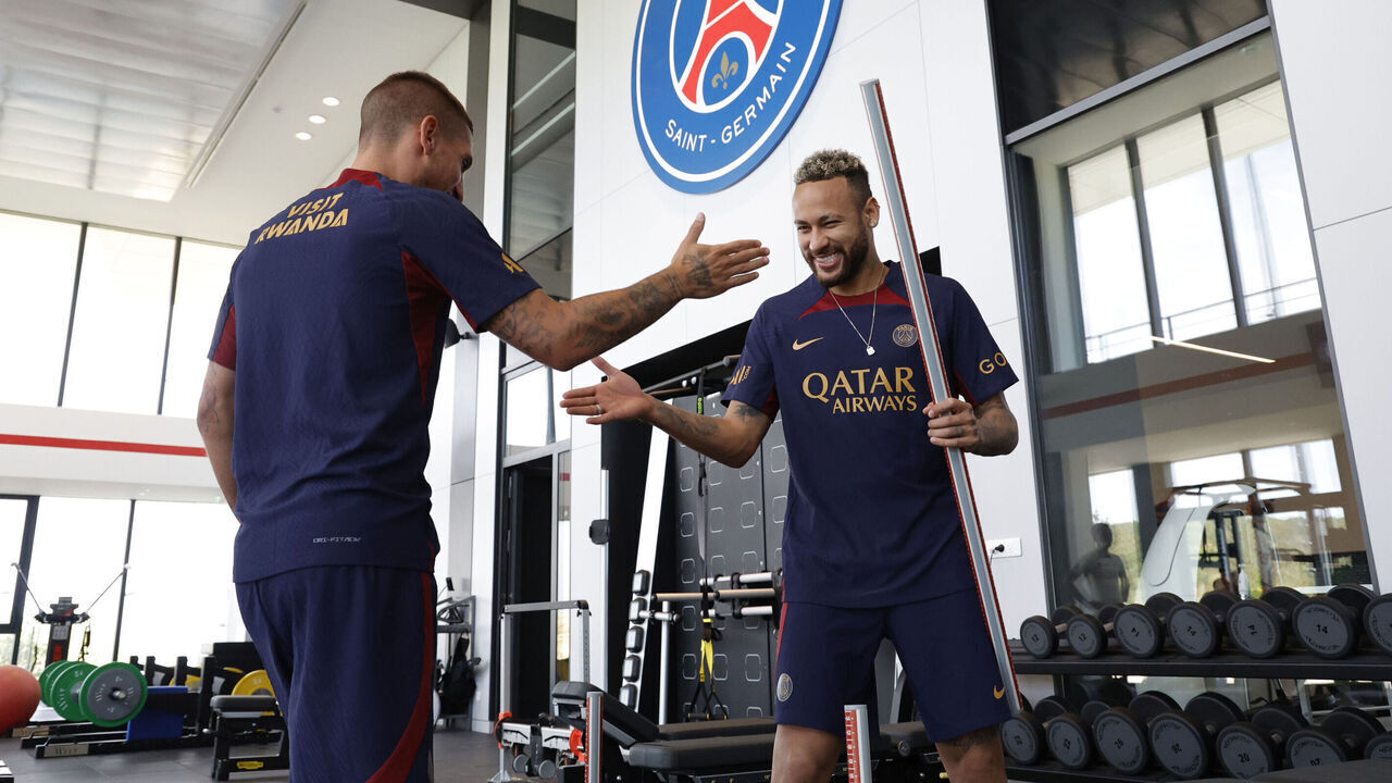 POISSY, FRANCE - JULY 17: Neymar of Paris Saint-Germain during a gym session at the PSG training center on July 17, 2023 in Poissy, France.