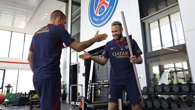POISSY, FRANCE - JULY 17: Neymar of Paris Saint-Germain during a gym session at the PSG training center on July 17, 2023 in Poissy, France.