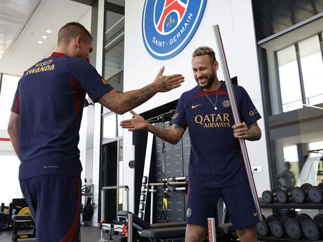 POISSY, FRANCE - JULY 17: Neymar of Paris Saint-Germain during a gym session at the PSG training center on July 17, 2023 in Poissy, France.