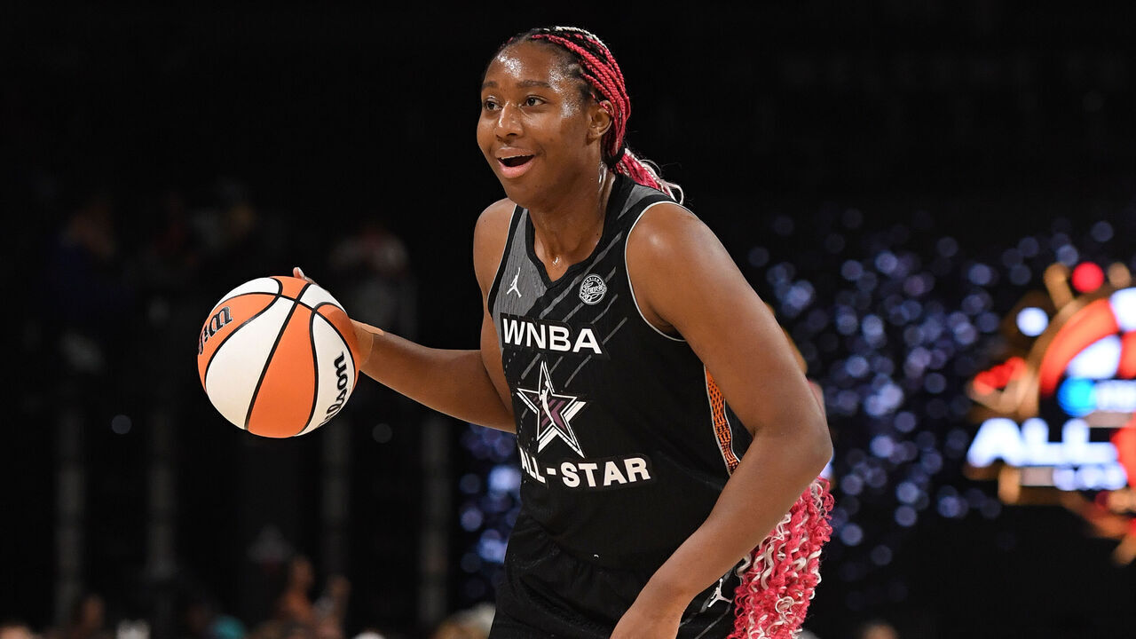 LAS VEGAS, NV - JULY 15: Aliyah Boston #7 of Team Wilson dribbles the ball during the 2023 WNBA All-Star Game on July 15, 2023 at Michelob ULTRA Arena in Las Vegas, Nevada. Mandatory Copyright Notice: Copyright 2023 NBAE