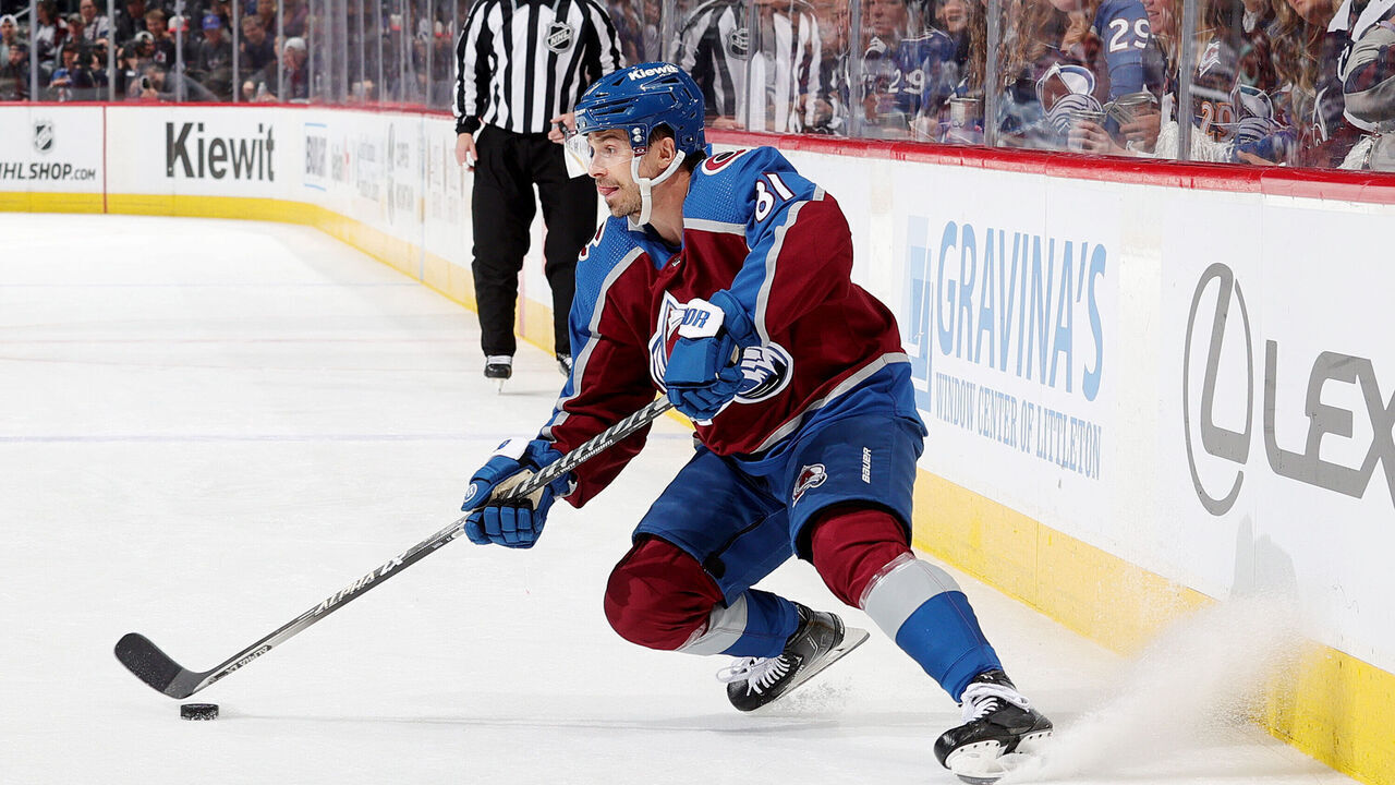 DENVER, COLORADO - APRIL 30: Denis Malgin #81 of the Colorado Avalanche skates against the Seattle Kraken in Game Seven of the First Round of the 2023 Stanley Cup Playoffs at Ball Arena on April 30, 2023 in Denver, Colorado.