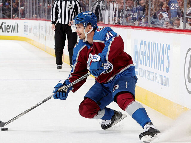 DENVER, COLORADO - APRIL 30: Denis Malgin #81 of the Colorado Avalanche skates against the Seattle Kraken in Game Seven of the First Round of the 2023 Stanley Cup Playoffs at Ball Arena on April 30, 2023 in Denver, Colorado.