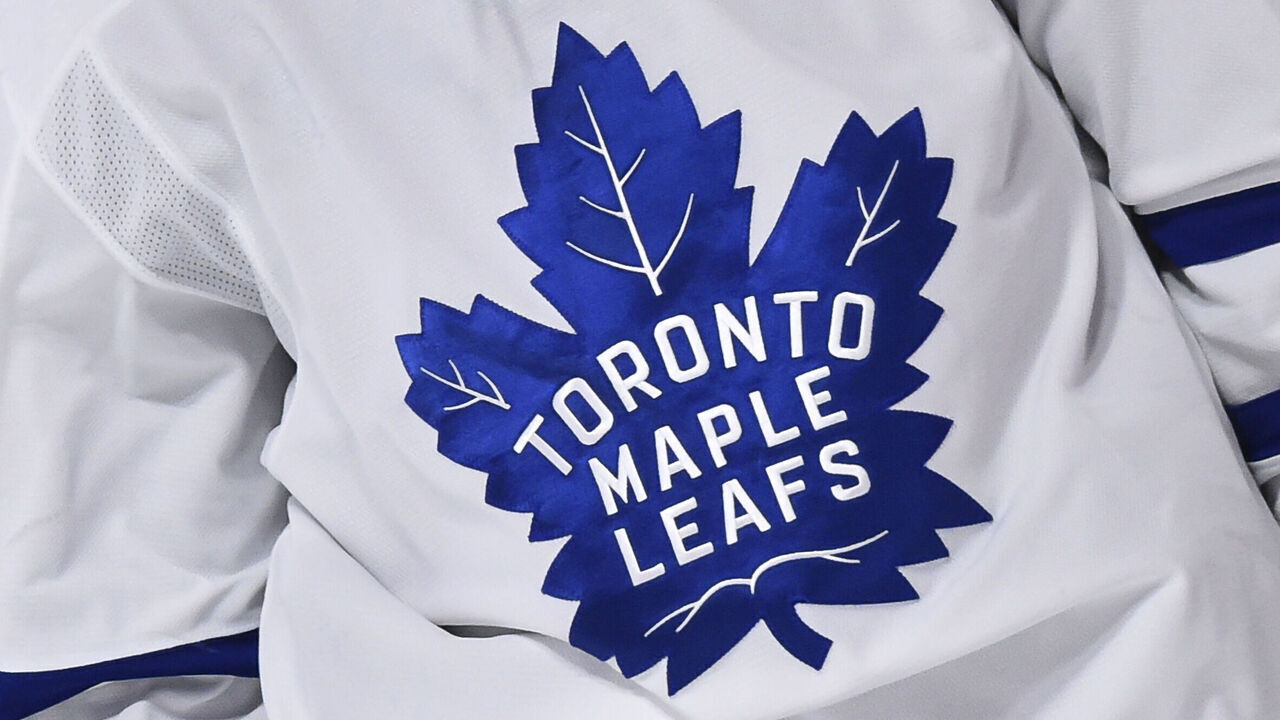 MONTREAL, QC - FEBRUARY 10: A detail of the Toronto Maple Leafs logo during the third period against the Montreal Canadiens at the Bell Centre on February 10, 2021 in Montreal, Canada. The Toronto Maple Leafs defeated the Montreal Canadiens 4-2.
