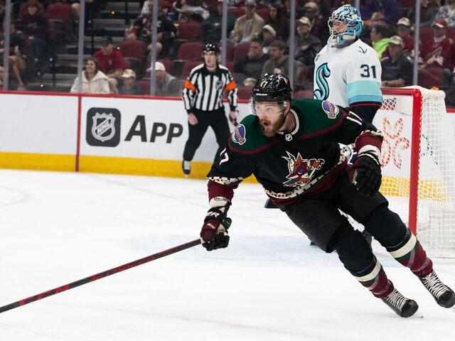 GLENDALE, AZ - MARCH 22: Arizona Coyotes Left Wing Alex Galchenyuk (17) skates after a loose puck during a hockey game between the Seattle Kraken and the Arizona Coyotes on March 22, 2022, at Gila River Arena in Glendale, AZ.