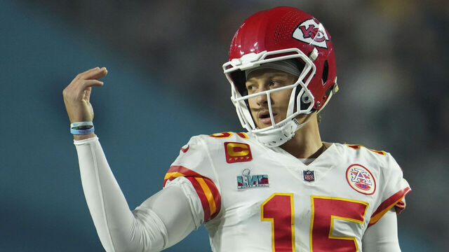 GLENDALE, AZ - FEBRUARY 12: Patrick Mahomes #15 of the Kansas City Chiefs motions against the Philadelphia Eagles after Super Bowl LVII at State Farm Stadium on February 12, 2023 in Glendale, Arizona. The Chiefs defeated the Eagles 38-35.
