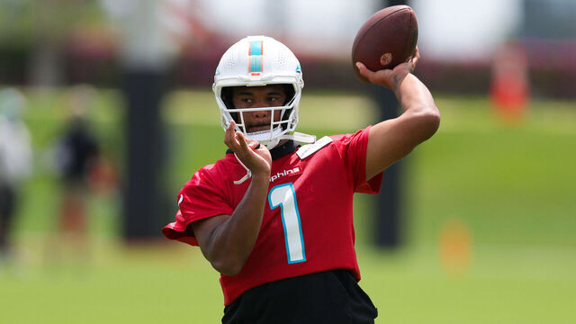 MIAMI GARDENS, FLORIDA - JUNE 08: Tua Tagovailoa #1 of the Miami Dolphins throws a pass during practice at Baptist Health Training Complex on June 08, 2023 in Miami Gardens, Florida.