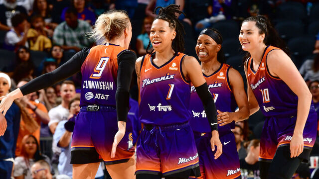 PHOENIX, AZ - JULY 18: A look at the Phoenix Mercury team during the game on July 18, 2023 at Footprint Center in Phoenix, Arizona. Mandatory Copyright Notice: Copyright 2023 NBAE