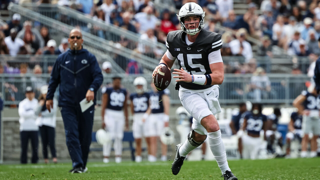 STATE COLLEGE, PA - APRIL 15: Drew Allar #15 of the Penn State Nittany Lions looks to pass as head coach James Franklin watches play during the Penn State Spring Football Game at Beaver Stadium on April 15, 2023 in State College, Pennsylvania.