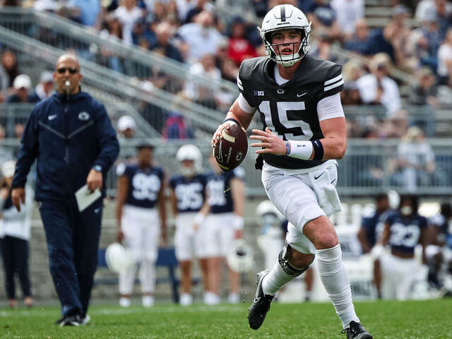 STATE COLLEGE, PA - APRIL 15: Drew Allar #15 of the Penn State Nittany Lions looks to pass as head coach James Franklin watches play during the Penn State Spring Football Game at Beaver Stadium on April 15, 2023 in State College, Pennsylvania.