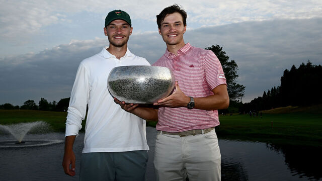 AALBORG, DENMARK - JULY 09: Rasmus Hojgaard of Denmark poises with his brother Nicolai Hojgaard of Denmark after winning on the sixth play off hole after the final of the Made in HimmerLand at Himmerland Golf & Spa Resort on July 09, 2023 in Denmark.