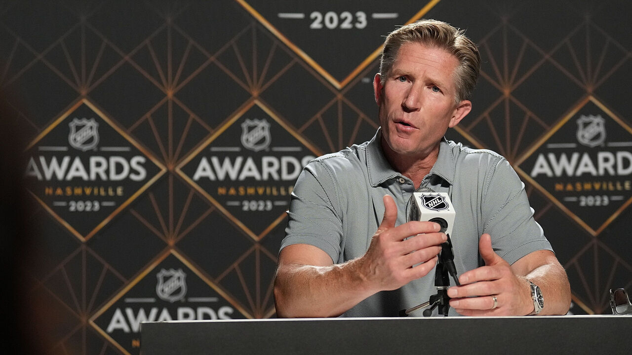 NASHVILLE, TENNESSEE - JUNE 25: Dave Hakstol coach of the Seattle Kraken speaks to the media during the 2023 NHL Awards Player Availability at Bridgestone Arena on June 25, 2023 in Nashville, Tennessee.