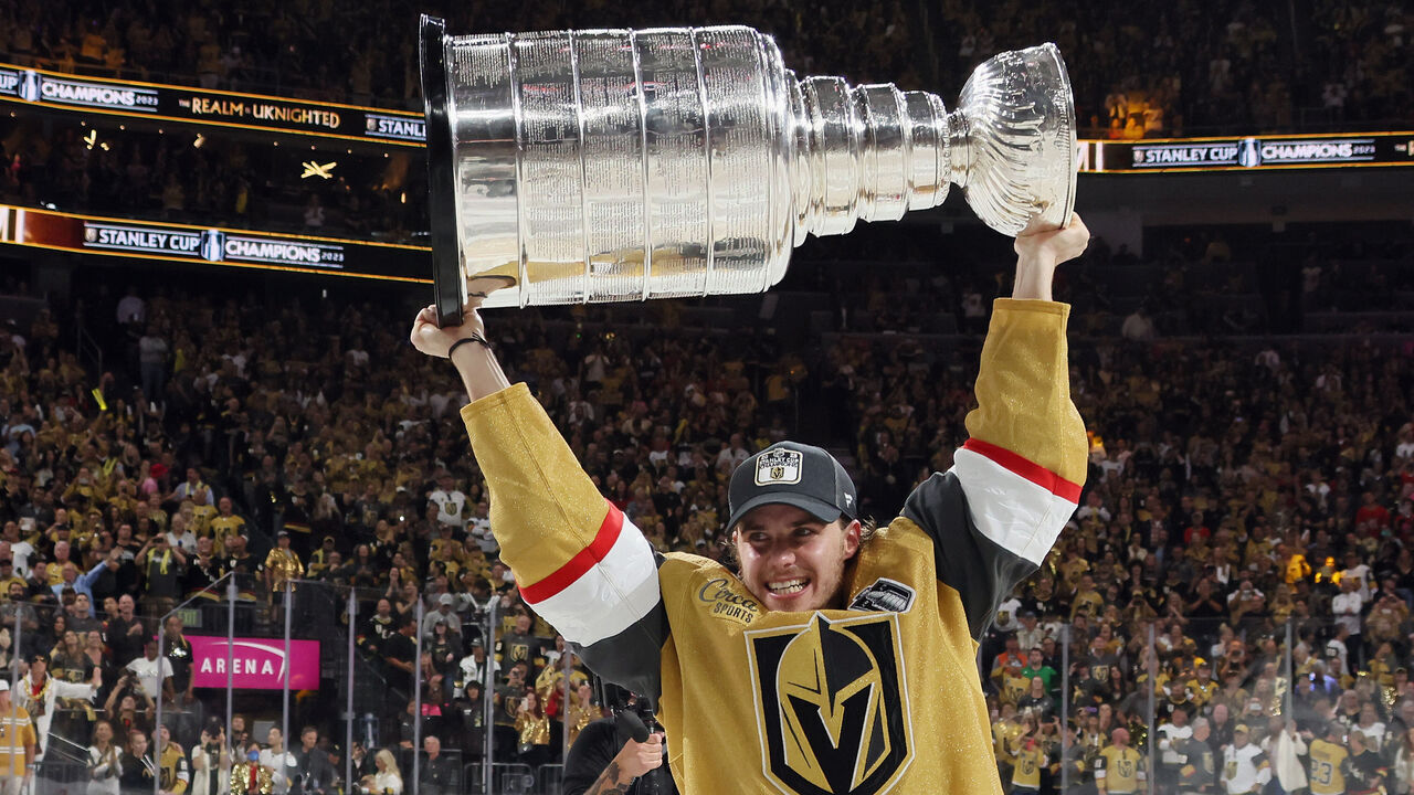 LAS VEGAS, NEVADA - JUNE 13: Brett Howden #21 of the Vegas Golden Knights celebrates the Stanley Cup victory over the Florida Panthers in Game Five of the 2023 NHL Stanley Cup Final at T-Mobile Arena on June 13, 2023 in Las Vegas, Nevada.