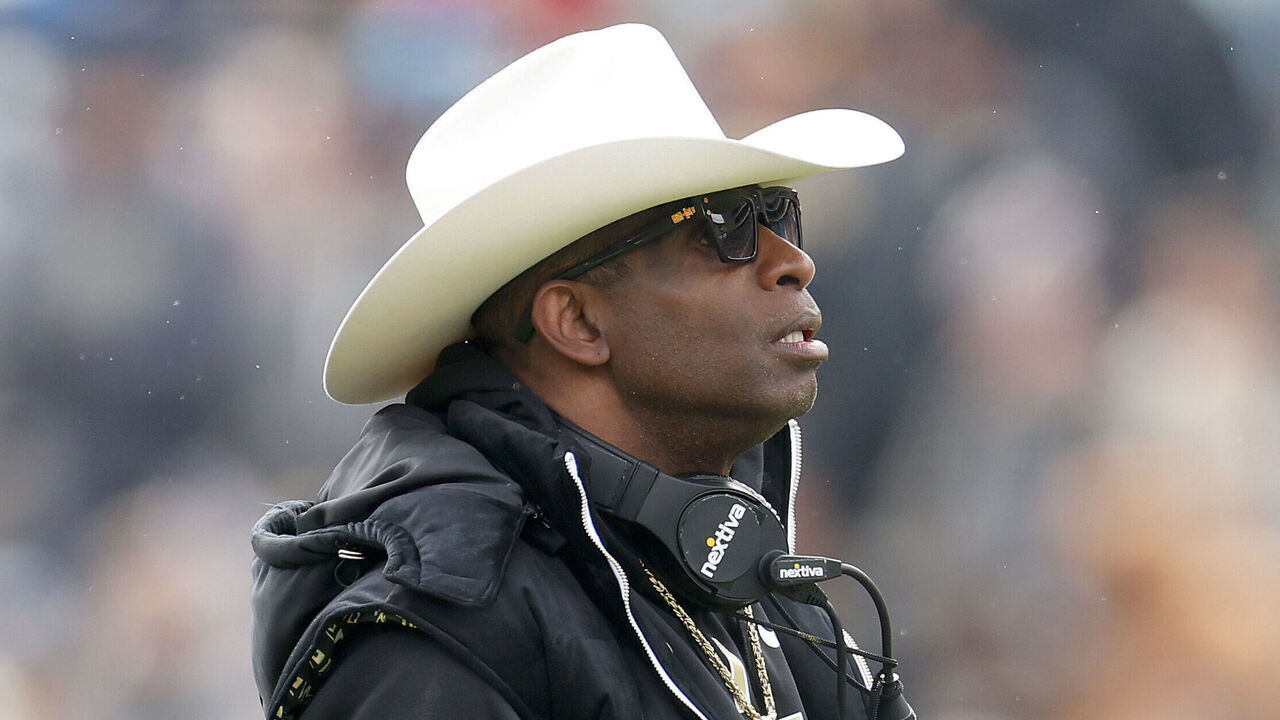 BOULDER, COLORADO - APRIL 22: Head coach Deion Sanders of the Colorado Buffaloes watches as his team plays their spring game at Folsom Field on April 22, 2023 in Boulder, Colorado.