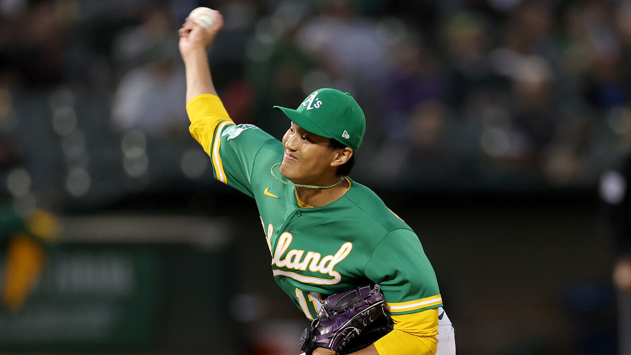 OAKLAND, CALIFORNIA - JULY 18: Shintaro Fujinami #11 of the Oakland Athletics pitches against the Boston Red Sox in the seventh inning at RingCentral Coliseum on July 18, 2023 in Oakland, California.