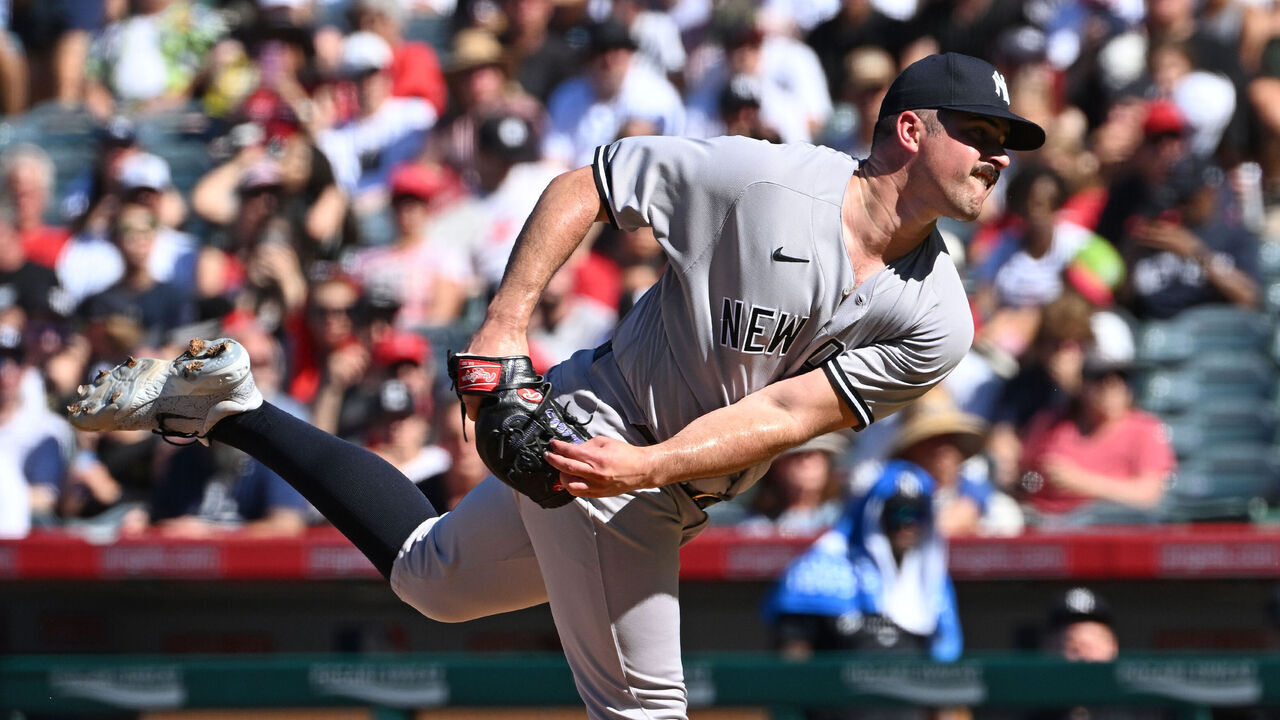 ANAHEIM, CA - JULY 19: New York Yankees pitcher Carlos Rodon (55) pitching during an MLB baseball game against the Los Angeles Angels played on July 19, 2023 at Angel Stadium in Anaheim, CA.