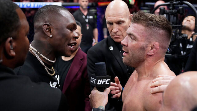 LAS VEGAS, NEVADA - JULY 08: UFC middleweight champion Israel Adesanya faces off against Dricus Du Plessis of South Africa during the UFC 290 event at T-Mobile Arena on July 08, 2023 in Las Vegas, Nevada.
