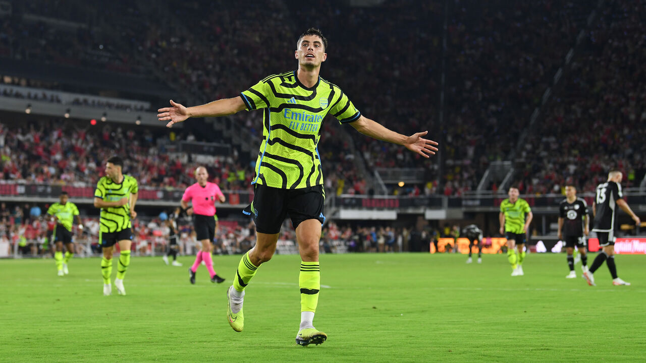 WASHINGTON, DC - JULY 19: Kai Havertz of Arsenal celebrates after scoring their team's fifth goal during the MLS All-Star Game between Arsenal FC and MLS All-Stars at Audi Field on July 19, 2023 in Washington, DC.
