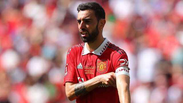 LONDON, ENGLAND - JUNE 03: Bruno Fernandes of Manchester United during the FA Cup final match between Manchester City and Manchester United at Wembley Stadium on June 03, 2023 in London, England.