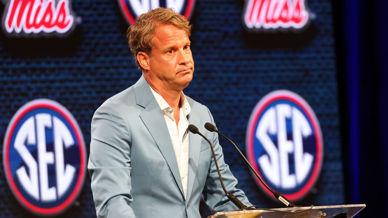 NASHVILLE, TN - JULY 20: Ole Miss Rebels head coach Lane Kiffin during Southeastern Conference Football Kickoff Media Day, July 20, 2023 at the Grand Hyatt Nashville in Nashville, Tennessee.