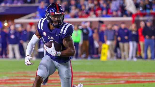 OXFORD, MS - NOVEMBER 24: Mississippi Rebels running back Quinshon Judkins (4) runs during the game between the Ole Miss Rebels and the Mississippi State Bulldogs on November 24, 2022 at Vaught-Hemingway Stadium in Oxford, MS.