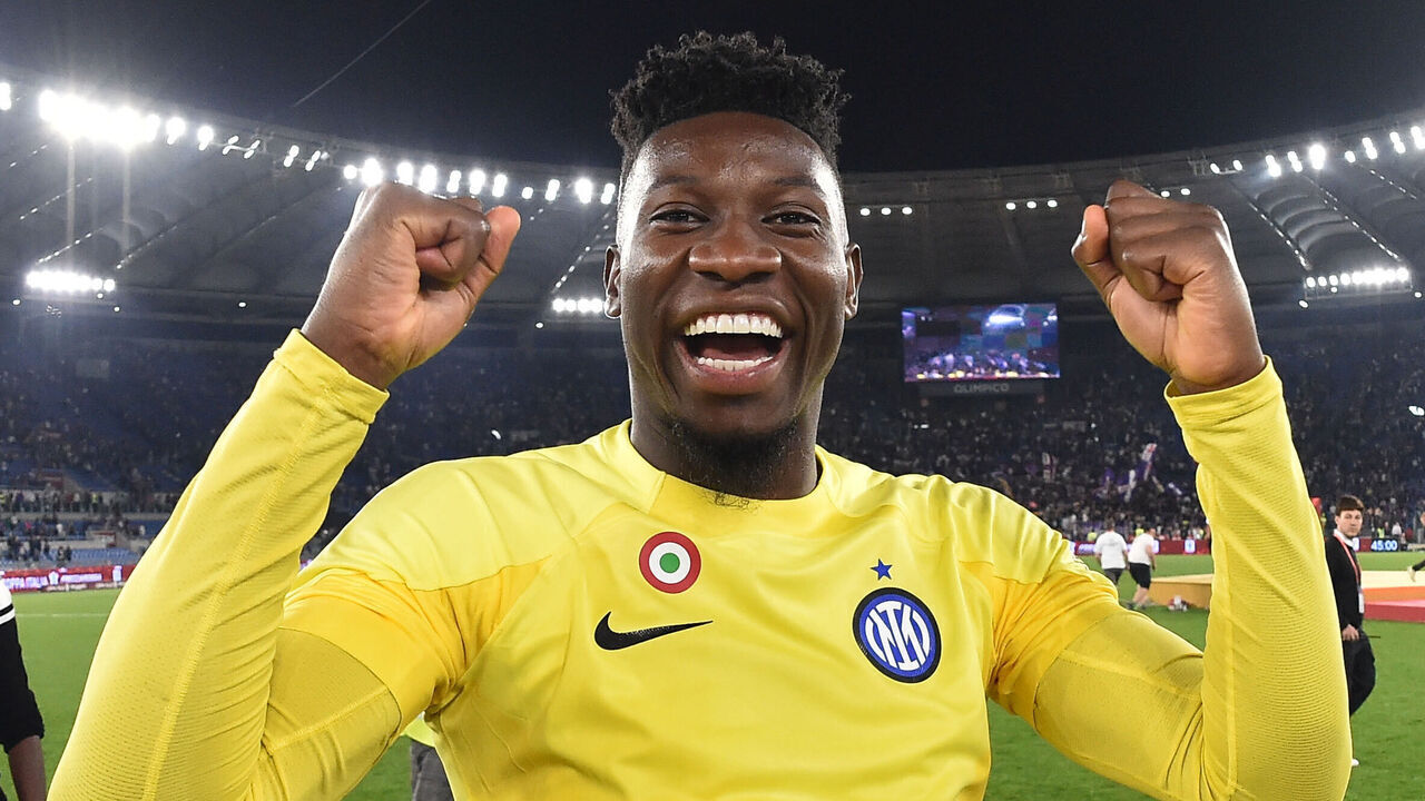 ROME, ITALY - MAY 24: André Onana of FC Internazionale celebrates the victory after the Coppa Italia Final between ACF Fiorentina and FC Internazionale at Stadio Olimpico on May 24, 2023 in Rome, Italy.