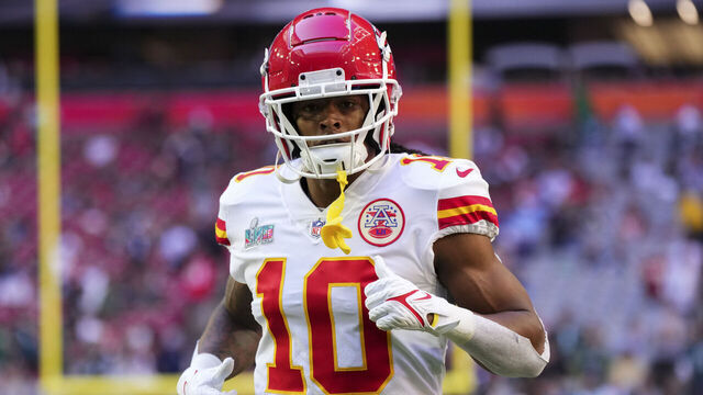 GLENDALE, AZ - FEBRUARY 12: Isiah Pacheco #10 of the Kansas City Chiefs warms up against the Philadelphia Eagles prior to Super Bowl LVII at State Farm Stadium on February 12, 2023 in Glendale, Arizona.